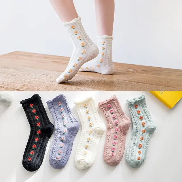 5 Pairs Women's Vintage Flower Embroidery Socks