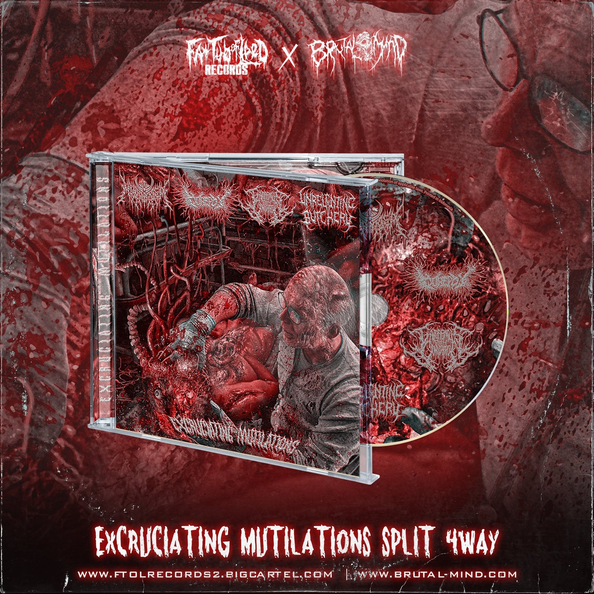 Excruciating Mutilations Split CD by Unrelenting Butchery, Gorepot, Gangrenous Flesh Consumption, and Muramasa, released by Rancid Offal Records. A peak into the brutal death metal genre, offering a collection of grim artwork associated with the album.