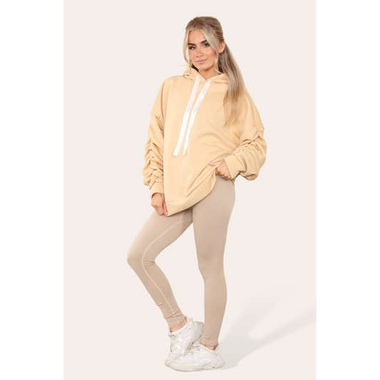 Stylish Plus Size Ruched Sleeve Hoodie with Satin Ribbon - Comfortable & Warm