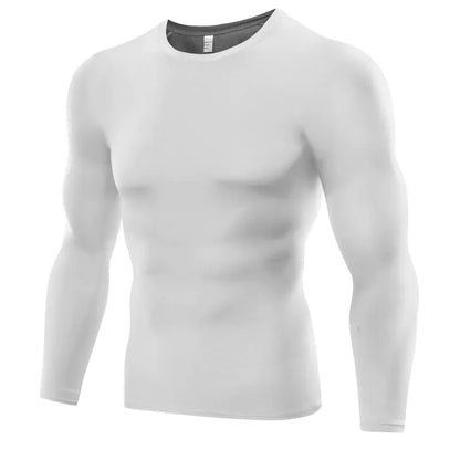 Luxury men's high-performance compression shirt in pristine white, showcasing a sleek and modern design ideal for fitness enthusiasts.