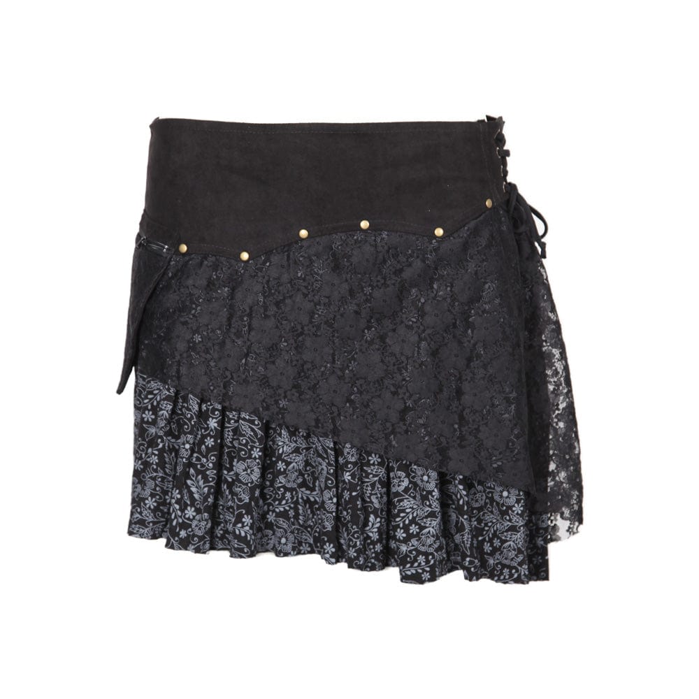 Chic black layered mini skirt featuring intricate lace embellishments and a wide faux suede waistband, a versatile choice for any wardrobe.