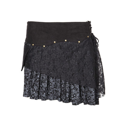 Chic black layered mini skirt featuring intricate lace embellishments and a wide faux suede waistband, a versatile choice for any wardrobe.