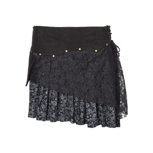 Chic black layered mini skirt featuring intricate lace embellishments and a wide faux suede waistband, a versatile choice for any wardrobe.