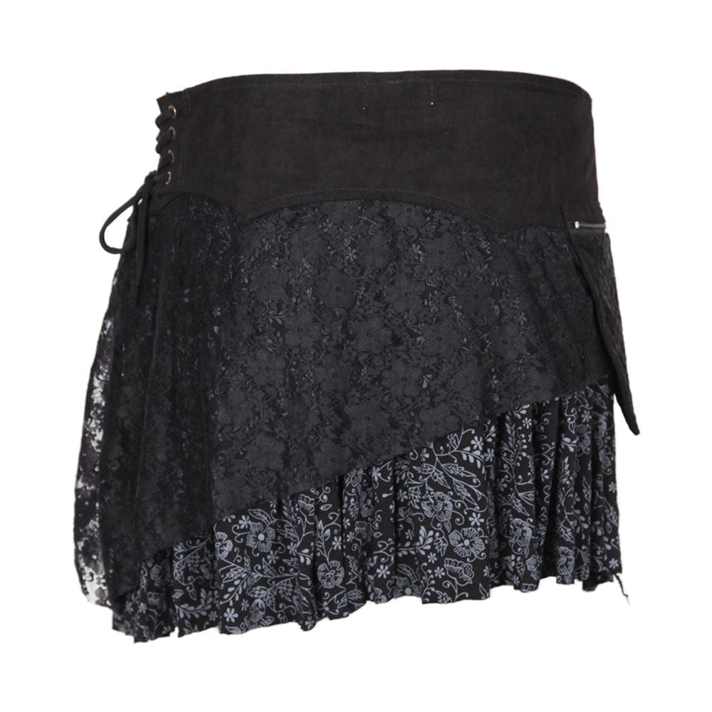 Layered Asymmetric Mini Skirt featuring an elegant lace overlay and faux suede waistband, perfect for special occasions and versatile styling.
