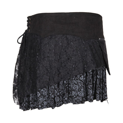 Layered Asymmetric Mini Skirt featuring an elegant lace overlay and faux suede waistband, perfect for special occasions and versatile styling.