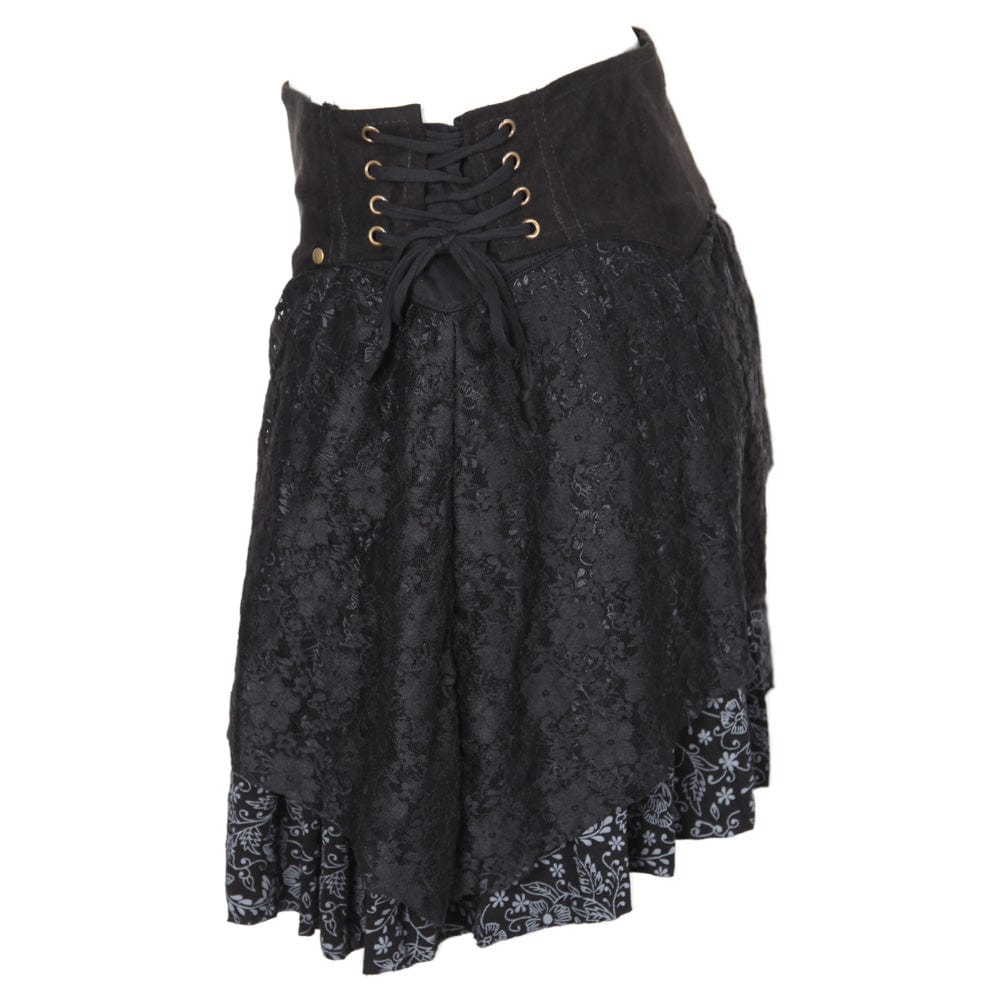Close-up detail of the luxurious lace and faux suede waistband on the stylish Layered Asymmetric Mini Skirt, ideal for a chic fashion statement.