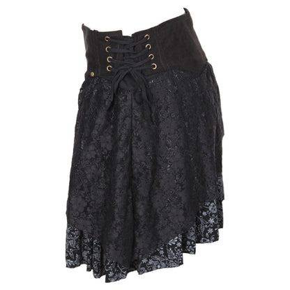 Close-up detail of the luxurious lace and faux suede waistband on the stylish Layered Asymmetric Mini Skirt, ideal for a chic fashion statement.