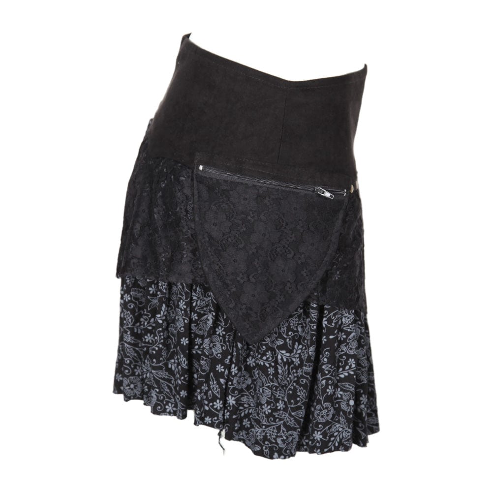 Fashion-forward layered mini skirt showcasing rich lace details and a trendy faux suede waistband, suitable for stylish ensembles in sizes S to L.