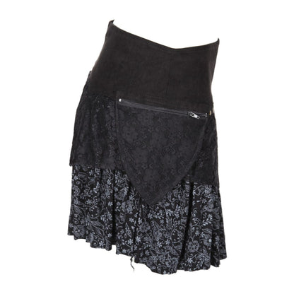 Fashion-forward layered mini skirt showcasing rich lace details and a trendy faux suede waistband, suitable for stylish ensembles in sizes S to L.