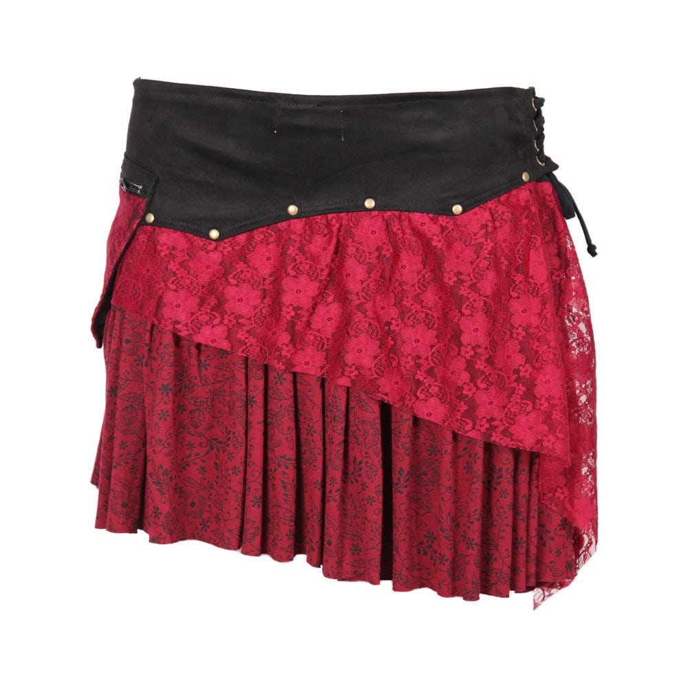 Versatile black mini skirt with a unique asymmetric layer and feminine lace, complemented by an adjustable faux suede waistband for a perfect fit.
