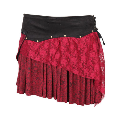 Versatile black mini skirt with a unique asymmetric layer and feminine lace, complemented by an adjustable faux suede waistband for a perfect fit.