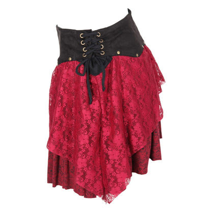Dramatic deep red mini skirt with a luxurious layered design, adorned with lace and a flattering faux suede waistband, ideal for dressing up.