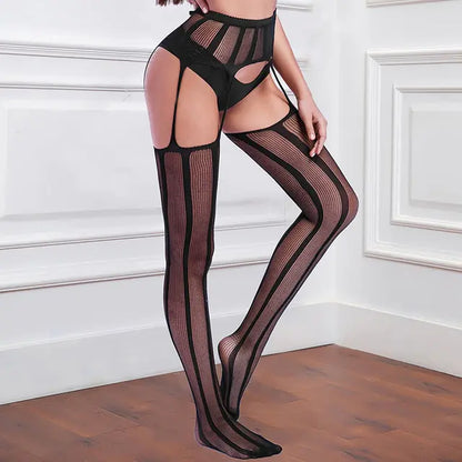 Elegant Women's Sexy Fishnet Stockings for Stylish Outfits and Confidence, shown in a striking vertical striped fishnet design, perfect for those seeking to make a daring fashion statement.