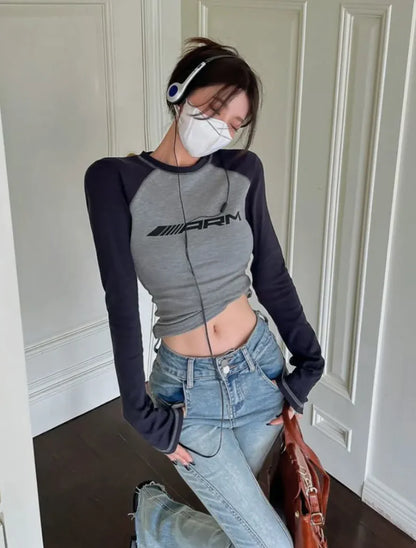 Elegant Women's Grey Black Contrast Color Slim Long Sleeve Tee by Dazzling Dreams Studio, showcasing a stylish design perfect for any occasion.