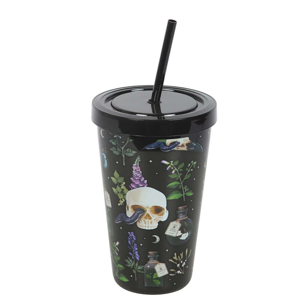 Elegant Venom & Vines Gothic Skull Tumbler with Straw, 550ml, showcasing luxurious skull and botanical detailing, perfect for sophisticated drinkware.