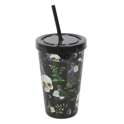 Chic Venom & Vines tumbler with gothic skull design and lush greenery, 550ml reusable plastic drinkware ideal for refined sipping experiences.