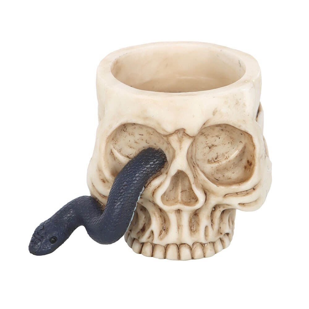Elegant gothic skull tealight holder with intricate serpent detailing, perfect for adding a mysterious ambiance to luxury home décor.