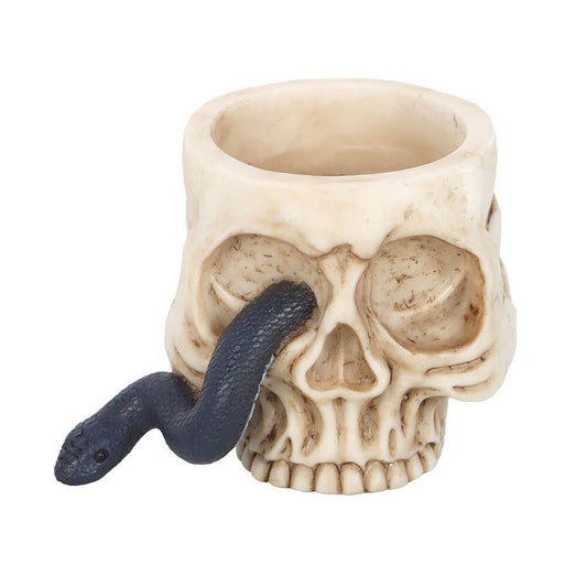 Elegant gothic skull tealight holder with intricate serpent detailing, perfect for adding a mysterious ambiance to luxury home décor.