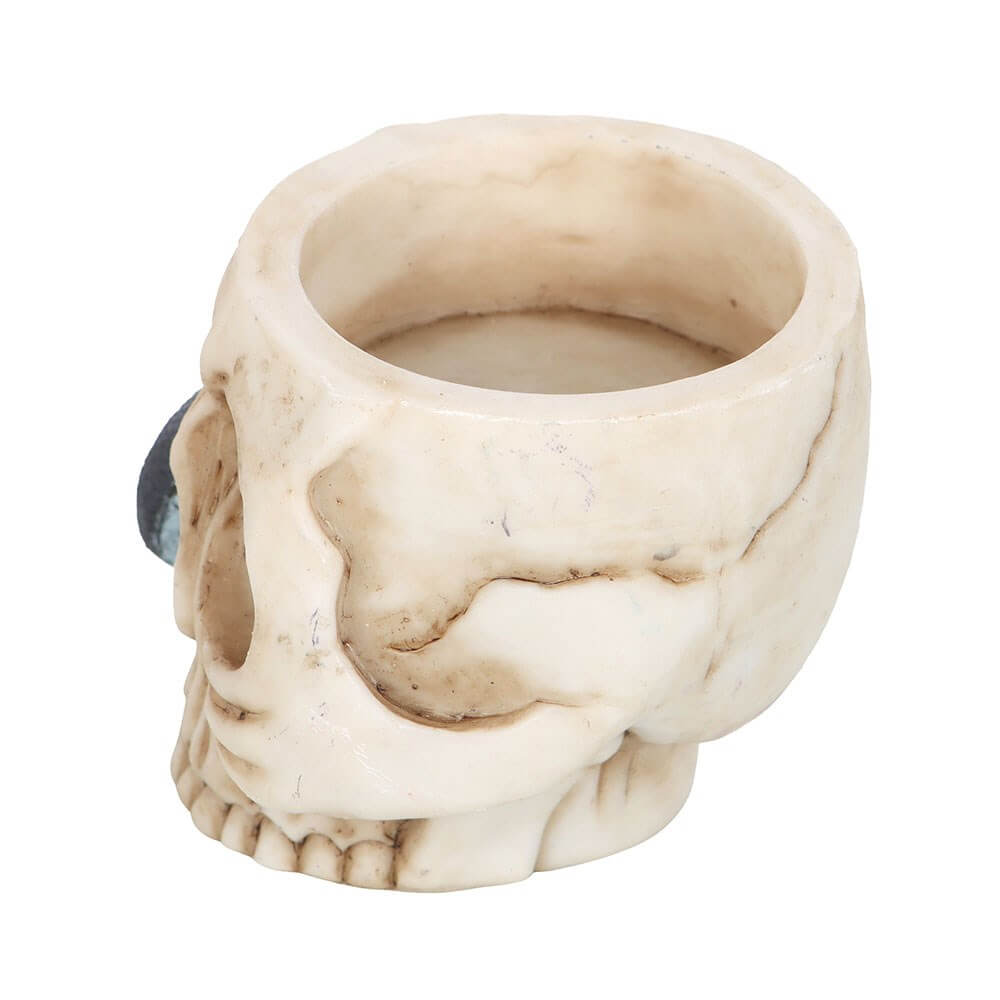 Close-up of the gothic skull tealight holder showcasing exquisite craftsmanship and unique design elements, a must-have for stylish and eerie home décor.