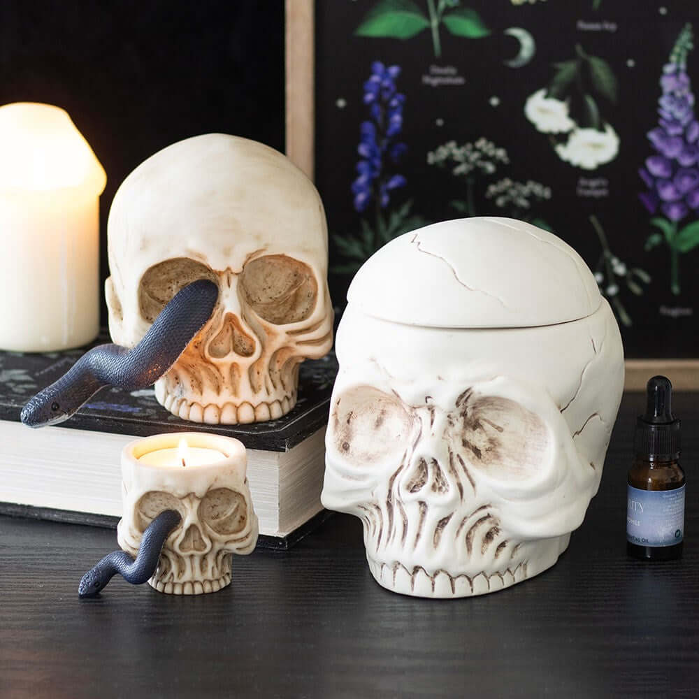 Elegant skull-shaped tealight holder featuring intricate serpent details, perfect for enhancing gothic home decor.
