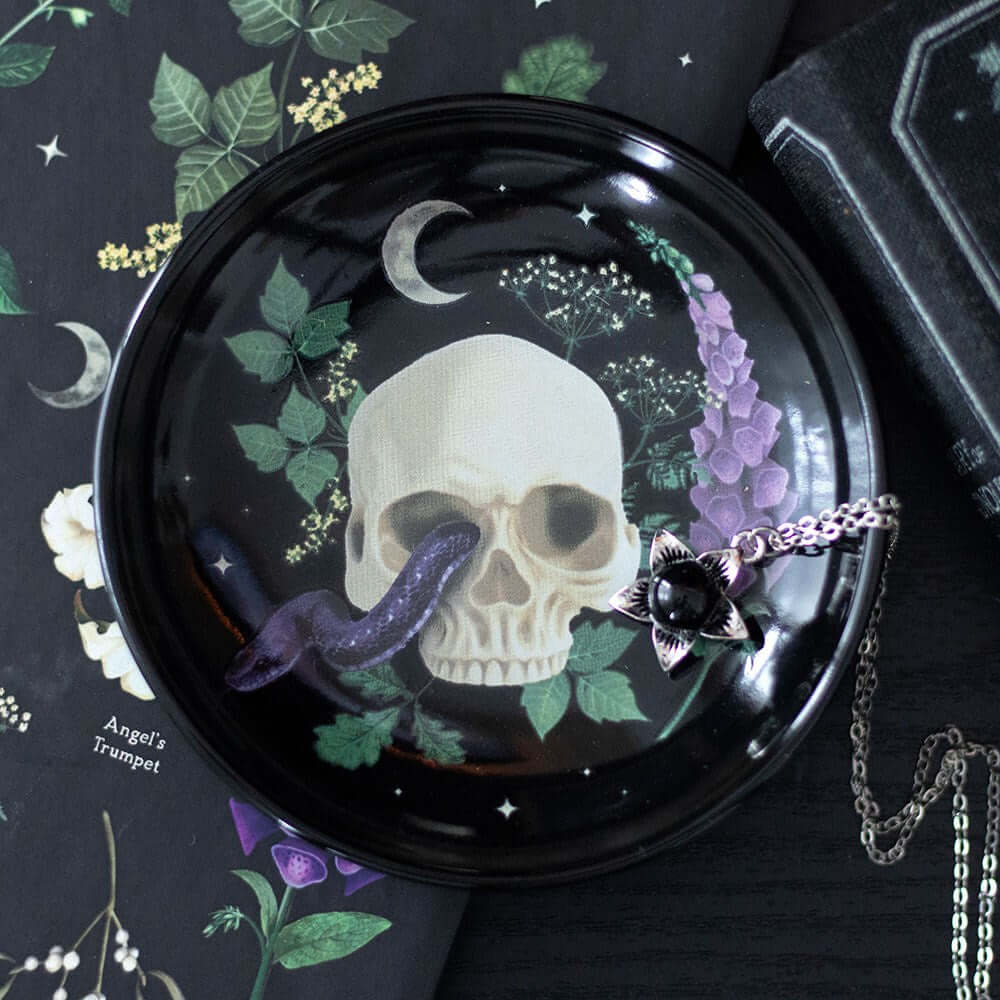 Elegant Venom & Vines Gothic Skull Trinket Dish in ceramic, featuring intricate snake design, perfect for jewellery and small keepsakes.