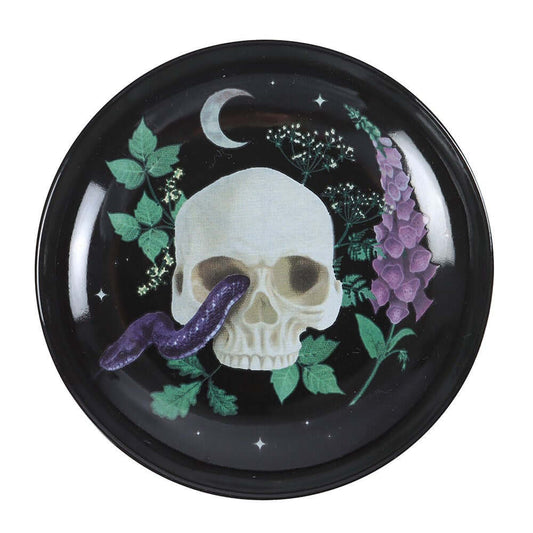 Elegantly designed Venom & Vines Gothic Skull Trinket Dish in ceramic, featuring intricate snake motifs, perfect for stylish storage of jewels and keepsakes.