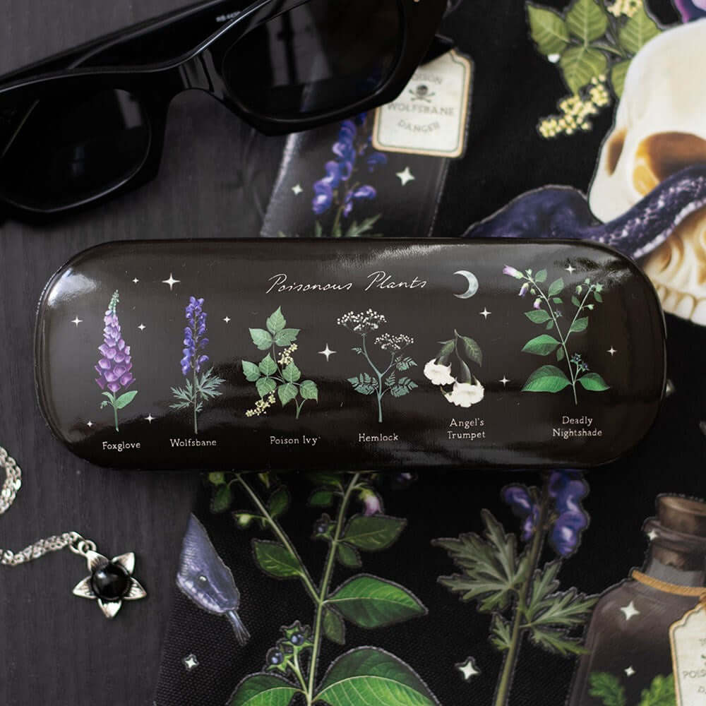 Luxurious gothic vegan leather glasses case featuring intricate skull and botanical print from the Venom and Vines collection, ideal for fashion-forward individuals seeking a striking accessory.