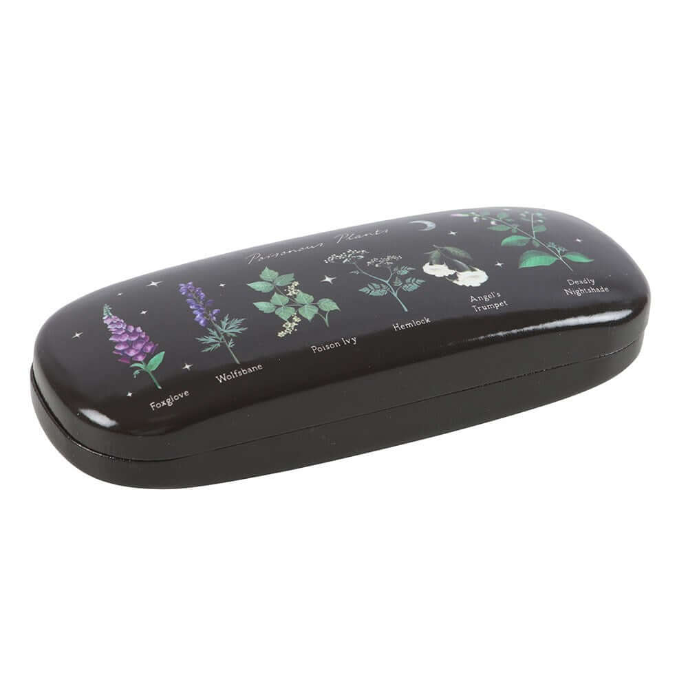 Stylish close-up of a gothic vegan leather glasses case, adorned with a unique skull and botanical design, combining luxury with an edgy aesthetic.