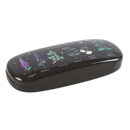 Stylish close-up of a gothic vegan leather glasses case, adorned with a unique skull and botanical design, combining luxury with an edgy aesthetic.