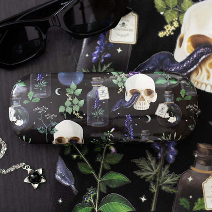 Edgy skull and serpent print on the Gothic Gifts Venom & Vines Glasses Case, ideal for those who appreciate bold gothic aesthetics.