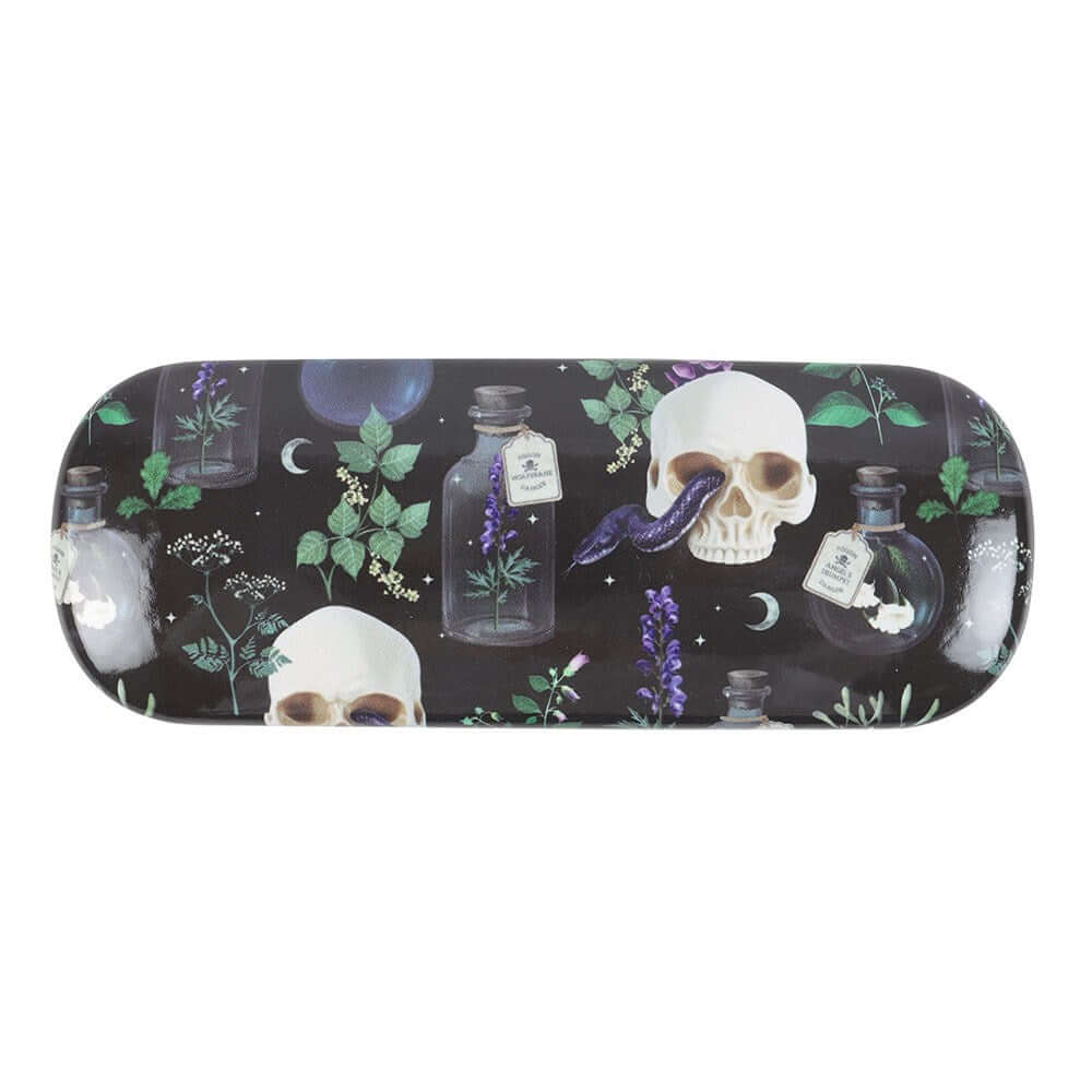 Gothic Gifts Venom & Vines glasses case featuring an intricately designed edgy skull and serpent print, perfect for stylish protection of eyewear with a bold gothic aesthetic.