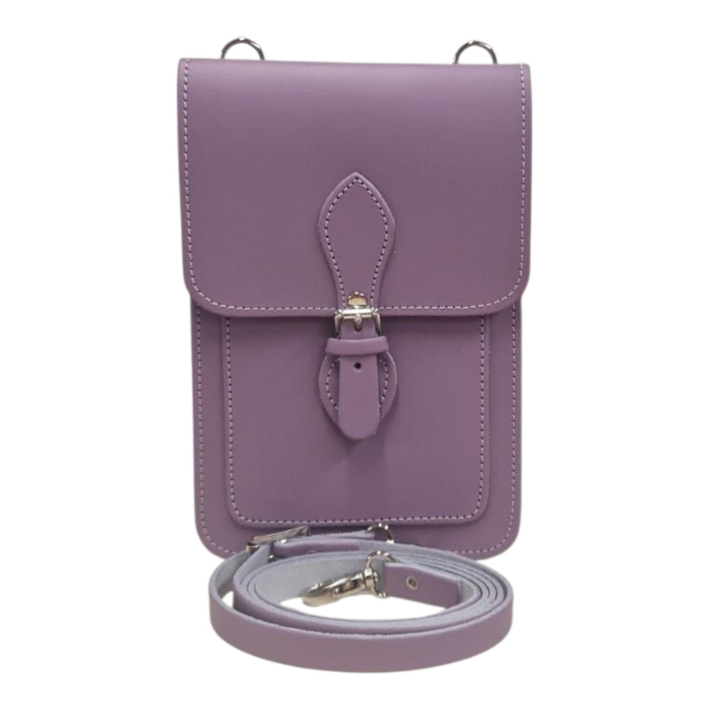 Luxury Handmade Leather Mobile Phone Pouch in Pastel Violet by Zatchels, featuring an adjustable crossbody strap and a chic compact design for essential organisation.