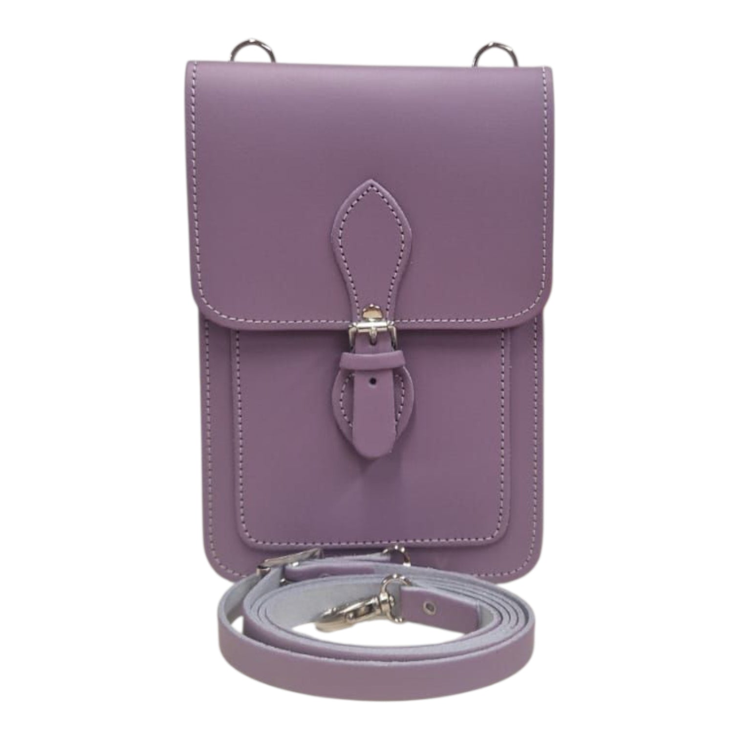 Luxury Handmade Leather Mobile Phone Pouch in Pastel Violet by Zatchels, featuring an adjustable crossbody strap and a chic compact design for essential organisation.