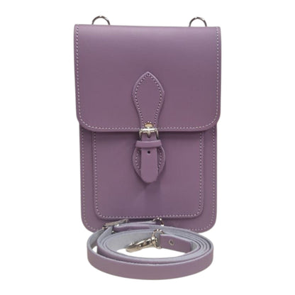 Luxury Handmade Leather Mobile Phone Pouch in Pastel Violet by Zatchels, featuring an adjustable crossbody strap and a chic compact design for essential organisation.