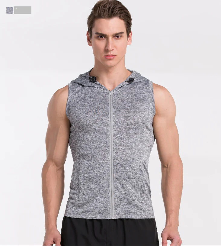 Stylish men's sleeveless compression shirt with zip closure and hood, perfect for athletic training.