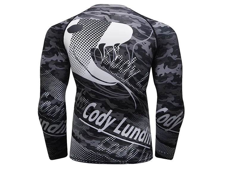 Sophisticated rear view of a long sleeve men's compression shirt adorned with a modern camouflage pattern, ideal for both athletic training and everyday style.