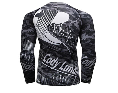 Sophisticated rear view of a long sleeve men's compression shirt adorned with a modern camouflage pattern, ideal for both athletic training and everyday style.