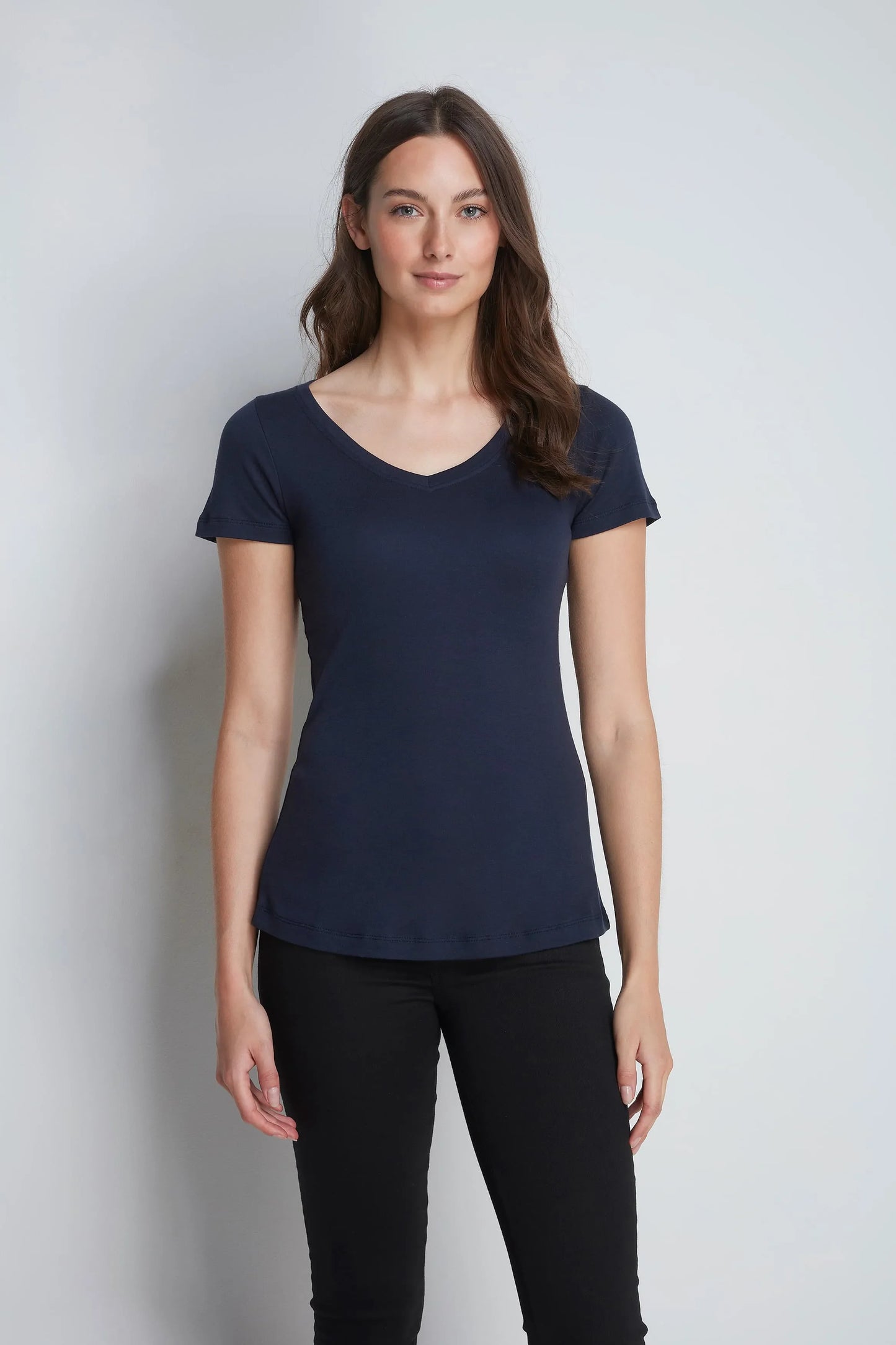 Close-up view of the high-quality cotton-modal blend fabric of the Women's V Neck T-Shirt, highlighting its luxurious softness and durability.