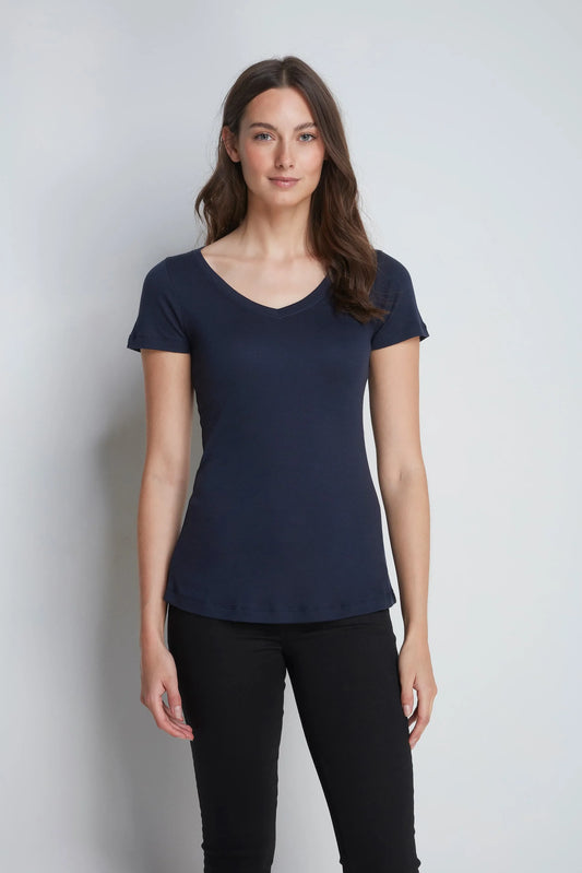 Close-up view of the high-quality cotton-modal blend fabric of the Women's V Neck T-Shirt, highlighting its luxurious softness and durability.