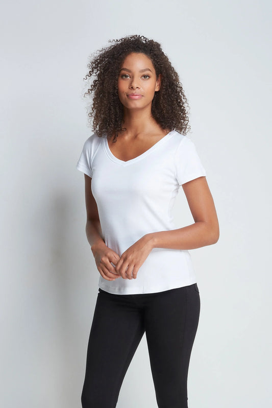 Luxury Women's V Neck Cotton Modal Blend T-Shirt in elegant soft fabric, showcasing its breathable design and versatile styling for sizes 8-18.