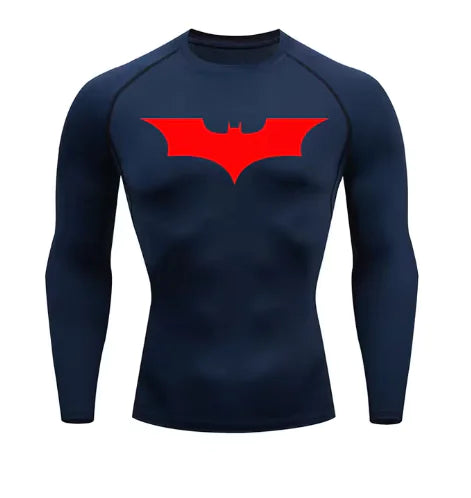 Navy blue men's long sleeve compression shirt featuring a bold red bat logo, designed for premium comfort and UV sun protection.
