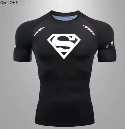 Men's sleek black compression top adorned with a striking white Superman emblem, perfect for athletic pursuits and providing superior comfort during workouts.