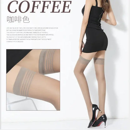 Women's Sexy Thigh High Lace Stockings in a rich coffee tone, exuding sophistication and allure, showcased with a stylish black dress.