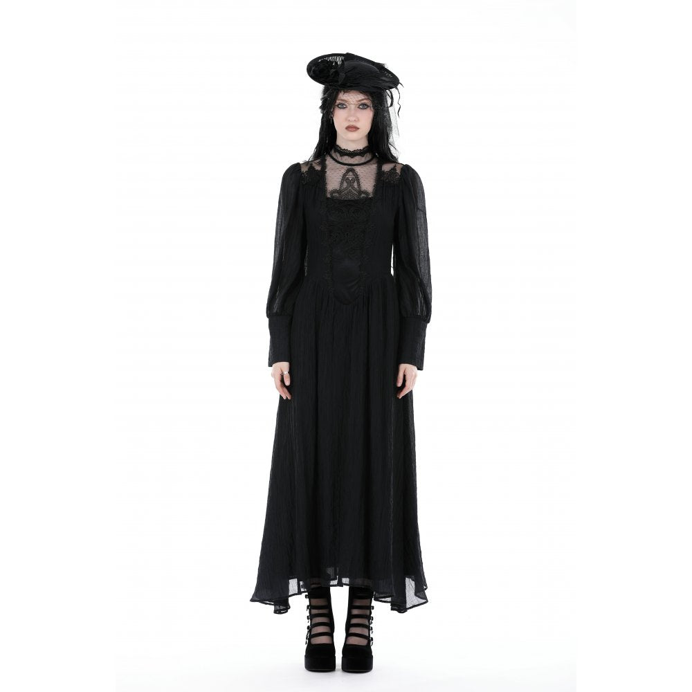 Elegant Dark In Love Vidonia Dress showcasing sophisticated high neck design and long puff sleeves, perfect for a punk rock aesthetic.