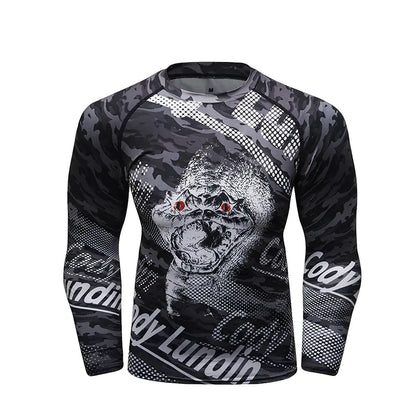 Men's long sleeve compression shirt in a striking camouflage pattern featuring a fierce gorilla graphic, designed for maximum comfort and stylish appeal for active lifestyles.