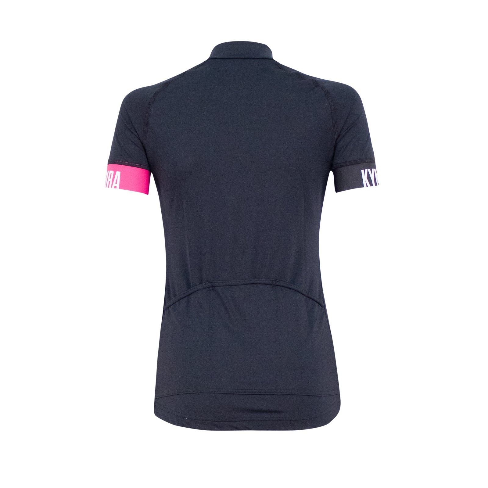 Model wearing the KYMIRA Women's Infrared Onyx Cycle Jersey, featuring a hybrid race fit and three rear pockets for a premium cycling experience.