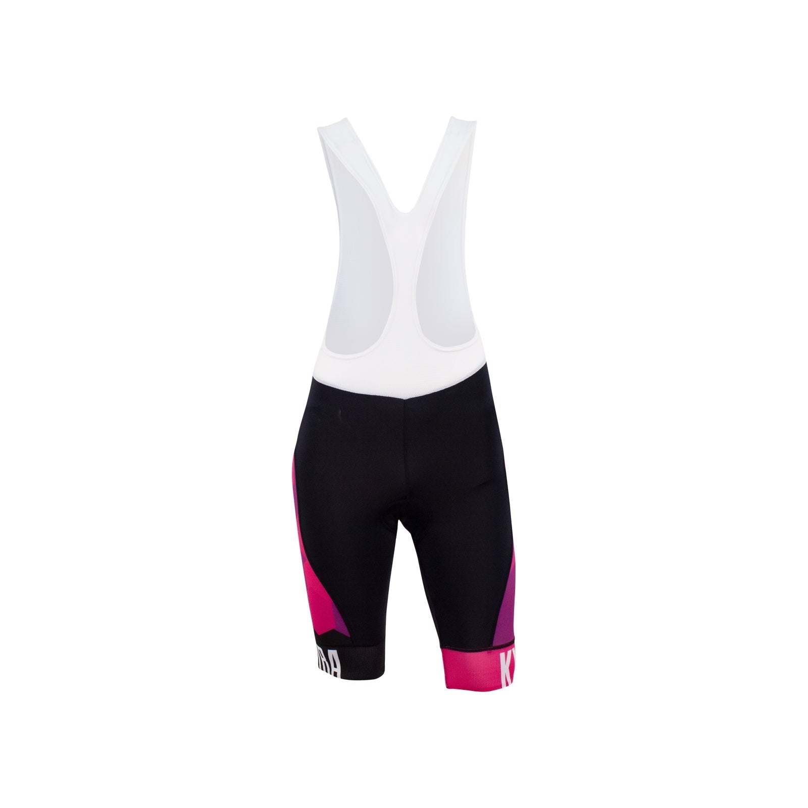 Close-up view of KYMIRA's luxury women's infrared PrO2 bib shorts highlighting the LaFonte HD ergonomic pad and breathable jacquard race material for enhanced cycling experience.