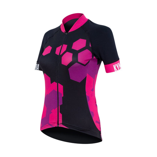 Elegant KYMIRA Women's Infrared PrO2 Cycle Jersey featuring breathable fabric with SPF 35 protection, designed for comfort and performance in sizes S-XL.
