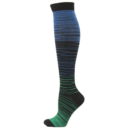 Men's and Women's activewear Flightwear Compression Stockings in blue and green gradient, ideal for luxurious athletic performance.