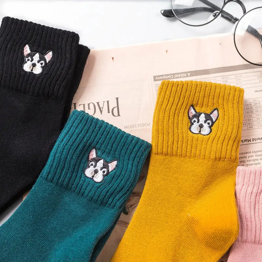 Close-up of Cozy Women's Cotton French Bulldog Embroidered Socks featuring black, teal, and yellow designs with adorable French Bulldog accents - Perfect Gift for Dog Lovers.